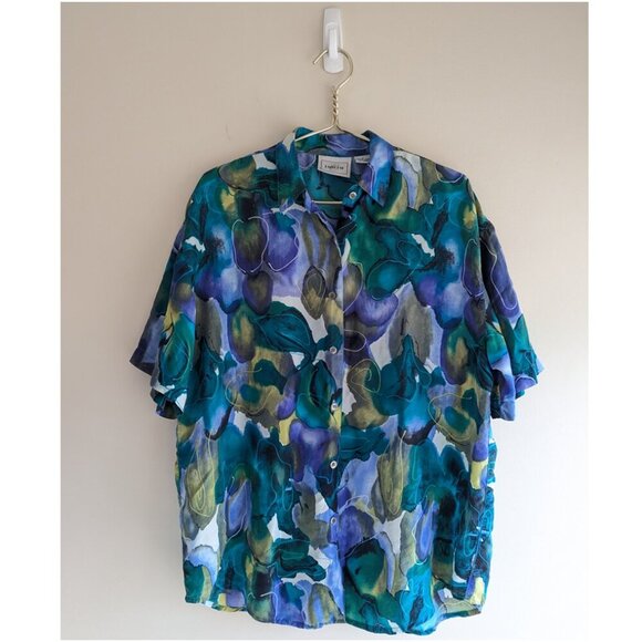 Vintage Emblem Silk Abstract print button down shirt - Picture 1 of 5